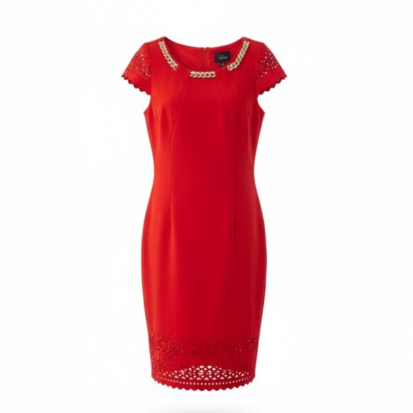 Women's Red Dress NEW Gold Chain Sz 10 CutOut Hem/Sleeve JM Studio By John Meyer - Picture 1 of 15